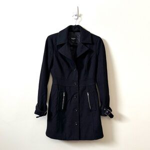 BEBE Y2K black mini wool blend button front trench jacket